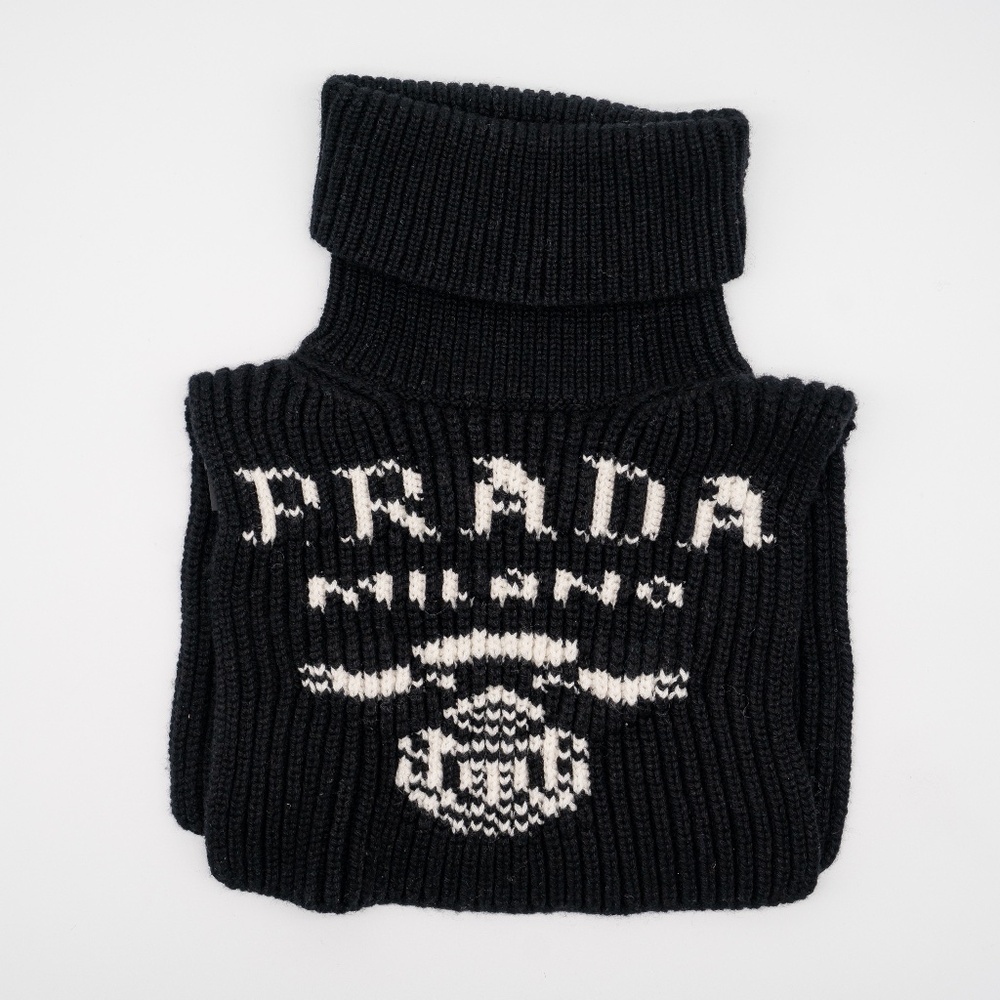 Prada intarsia-knit Logo Cashmere Neck Warmer With Hood / Scarf Balaclava Black